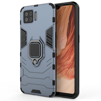Shockproof phone case with magnetic ring holder, navy blue and gray, side view