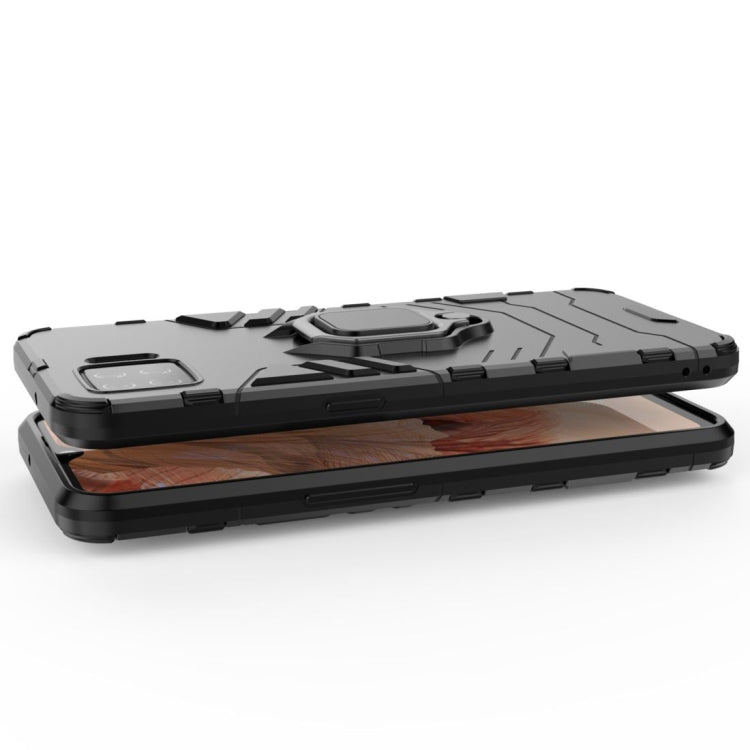 Shockproof phone case with magnetic ring holder, navy blue and black, open side profile