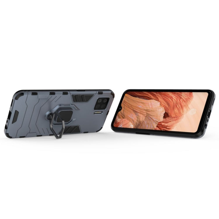 Shockproof phone case with magnetic ring holder, navy blue and gray, back and phone front