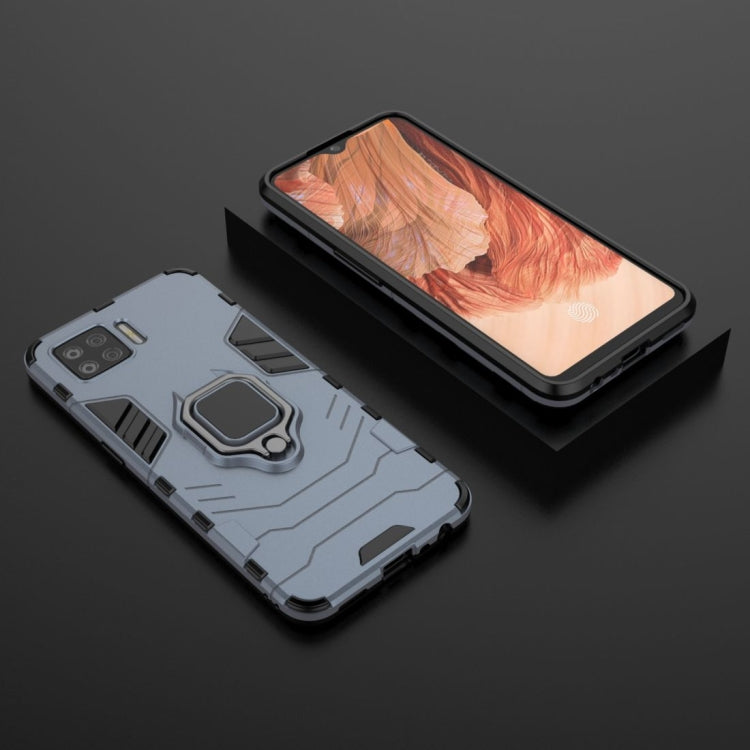 Shockproof phone case with magnetic ring holder, gray/black, lying back and front