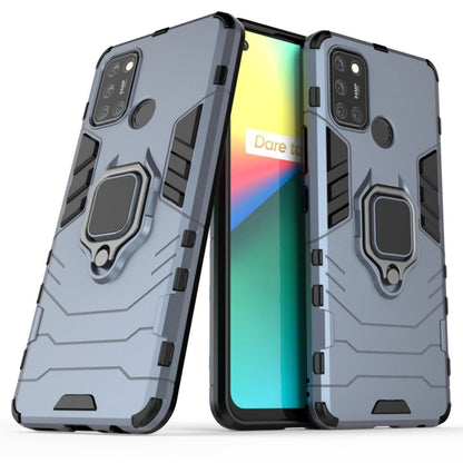 Shockproof phone case with magnetic ring holder, navy blue and gray, with screen protection