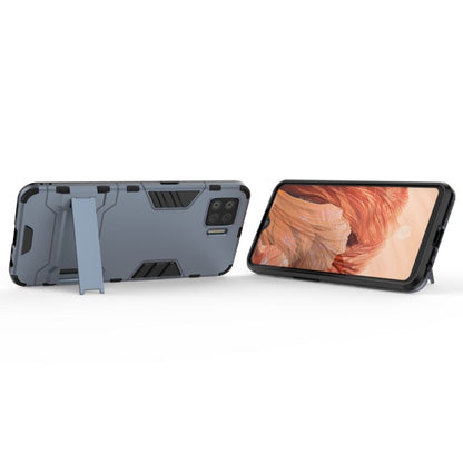 Navy blue shockproof phone case with invisible holder, side kickstand support extended.