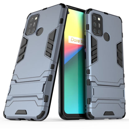 Navy blue shockproof phone case with invisible holder, open access ports and camera cutouts.