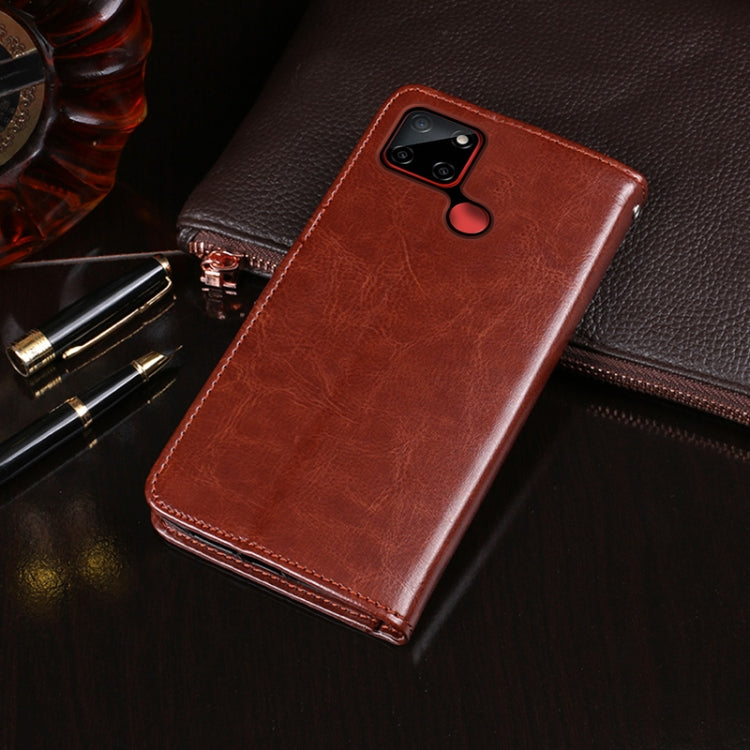 Brown leather flip phone wallet case with holder, camera cutout, card slots