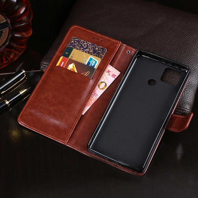 Brown leather flip phone wallet case open, showing card slots and phone holder