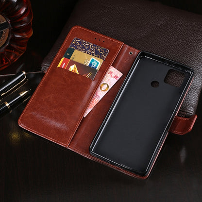 Brown leather flip phone wallet case open, showing card slots and phone holder