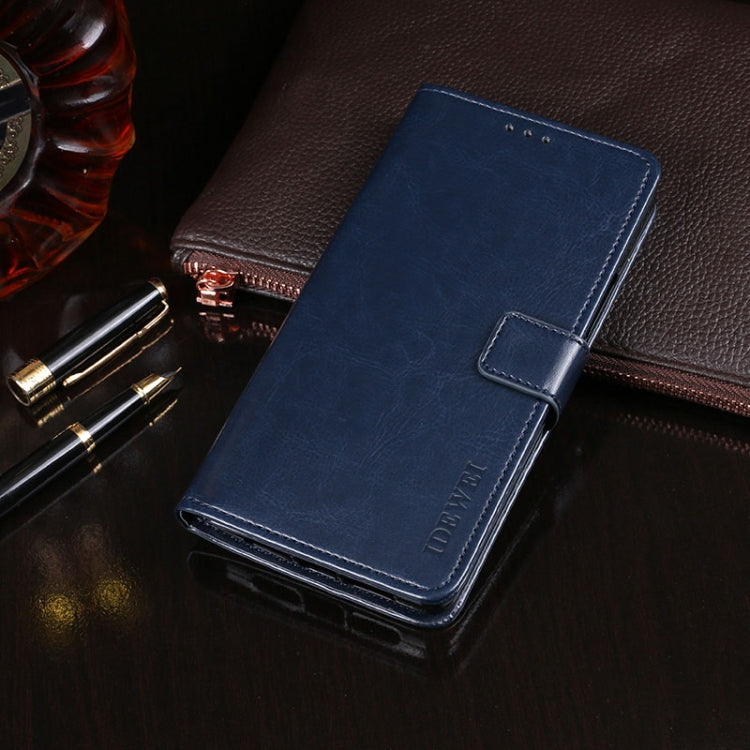Dark blue leather flip phone wallet case with holder and card slots, magnetic buckle