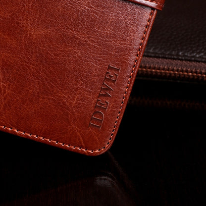 Brown leather phone wallet corner with stitched border and IDewei logo embossing