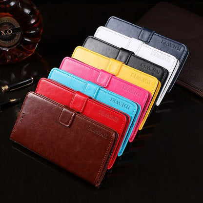 Assorted leather flip phone wallet cases in brown, red, pink, blue, and yellow colors