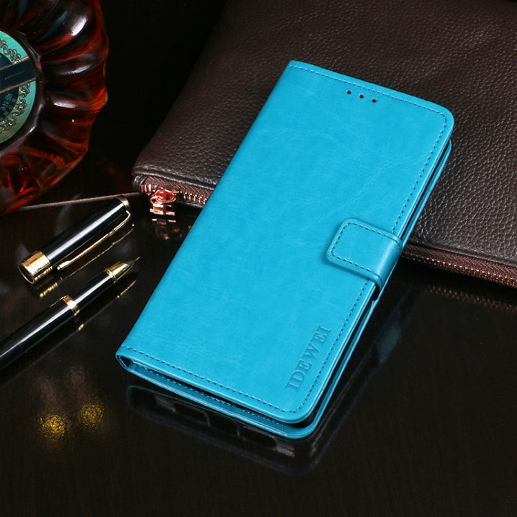 Crazy Horse texture leather flip phone case, sky blue with magnetic strap and wallet flap