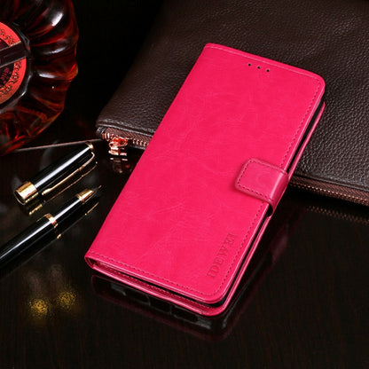 Red flip leather wallet phone case with card slots and magnetic clasp, front holder flap