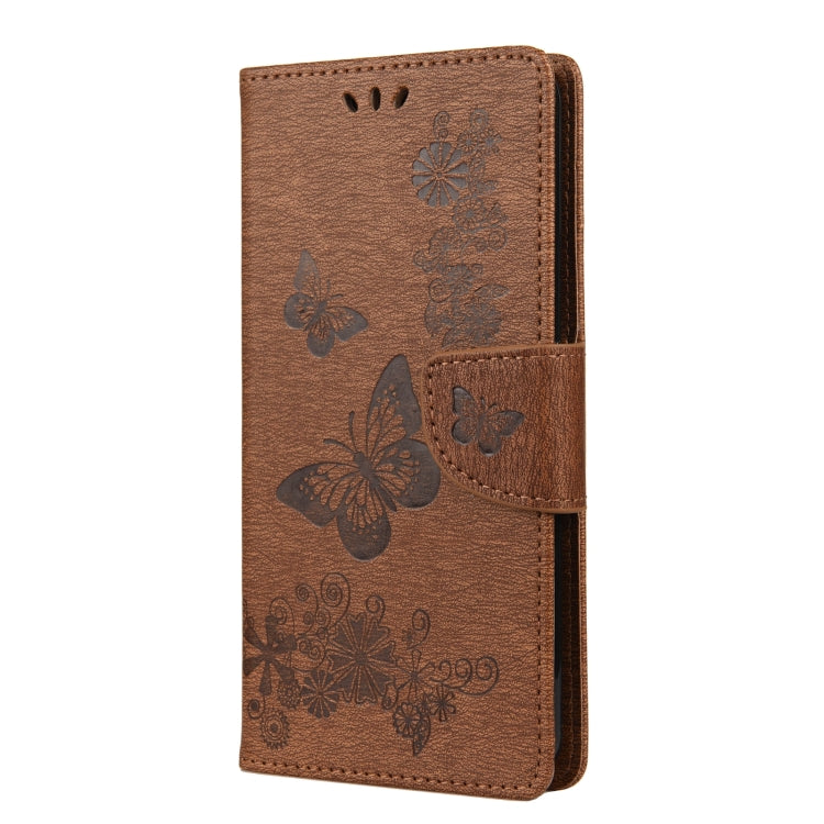 Brown butterfly embossed leather phone flip case with side card pocket