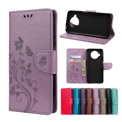 Light purple embossed leather flip wallet phone case, butterfly & flower pattern