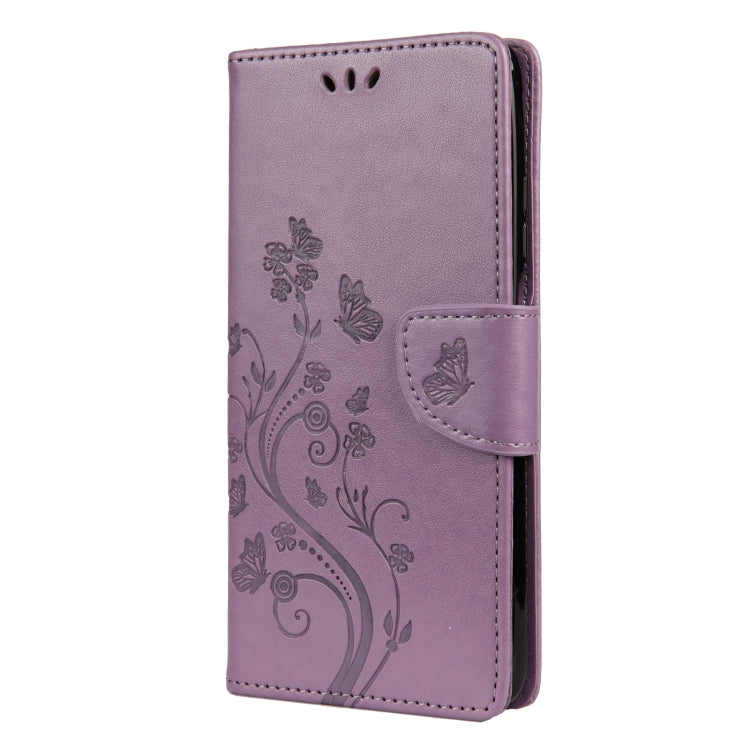 Light purple embossed leather phone flip case with butterfly and flower pattern