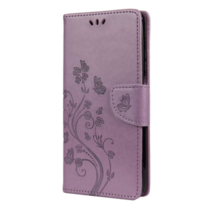 Light purple embossed leather phone flip case with butterfly and flower pattern