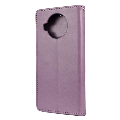 Light purple embossed leather flip phone case with circular camera cutout