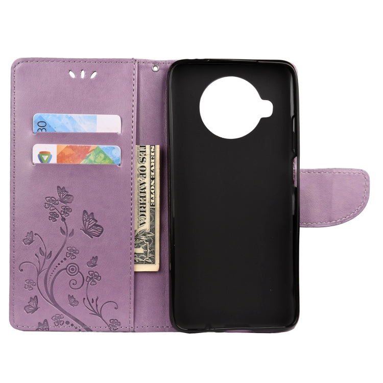 Light purple flip phone wallet case with butterfly pattern and card slots