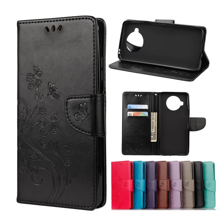Embossed butterfly-and-flower flip leather wallet case with card slots, dark black color
