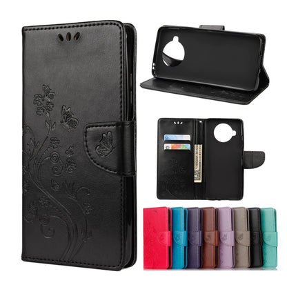 Embossed butterfly-and-flower flip leather wallet case with card slots, dark black color