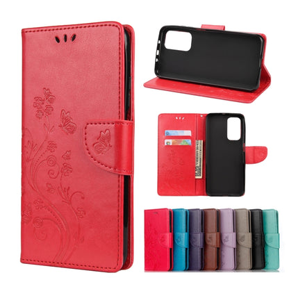 Embossed butterfly-and-flower flip leather wallet case with card slots, red color