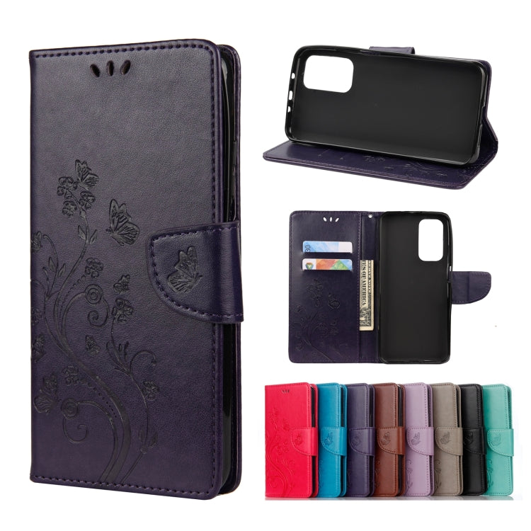 Embossed butterfly-and-flower flip leather wallet case with card slots, dark purple color