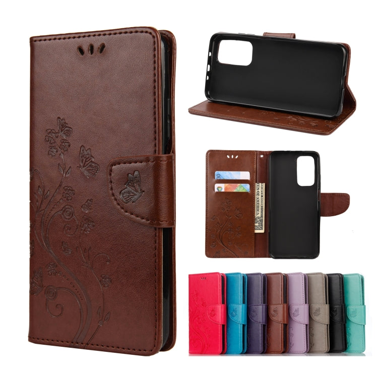 Embossed butterfly-and-flower flip leather wallet case with card slots, brown color