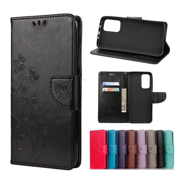 Embossed butterfly-and-flower flip leather wallet case with card slots, charcoal black color