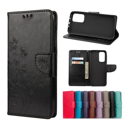 Embossed butterfly-and-flower flip leather wallet case with card slots, charcoal black color