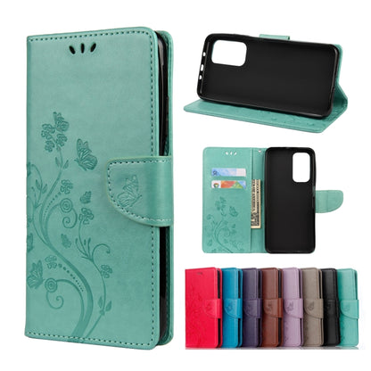 Embossed butterfly-and-flower flip leather wallet case with card slots, light mint green color