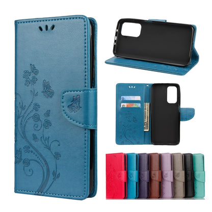 Light blue flip leather phone wallet case with embossed butterfly and flower, card slots