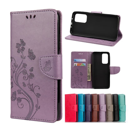 Purple flip leather phone wallet case with embossed butterfly and flower, card slots