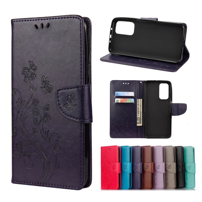 Dark purple flip leather phone wallet case with embossed butterfly and flower, card slots