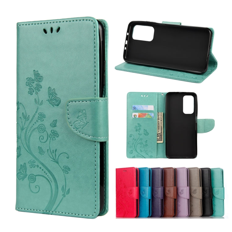 Light teal flip leather phone wallet case with embossed butterfly and flower, card slots