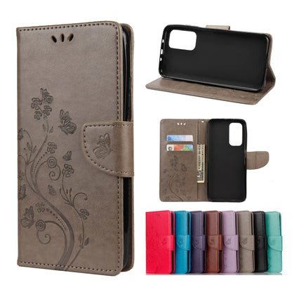 Taupe flip leather phone wallet case with embossed butterfly and flower, card slots