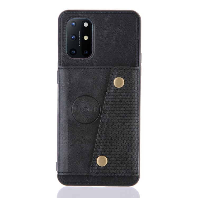 Black PU wallet phone case with card slots, camera cutout, and snap button