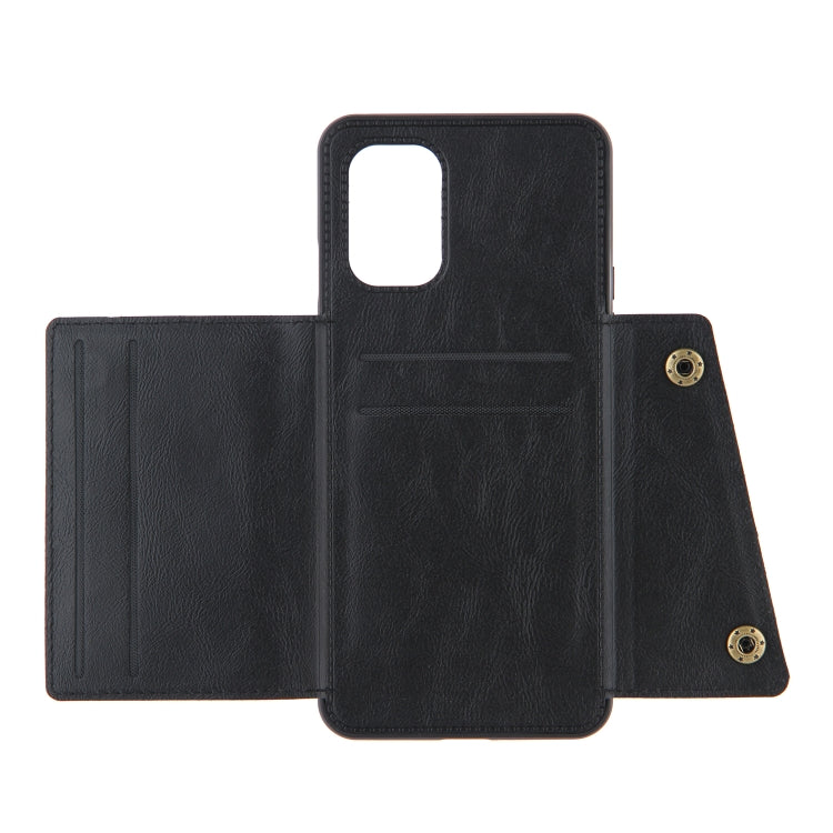 Black magnetic wallet phone case open, showing card slots and holder flap