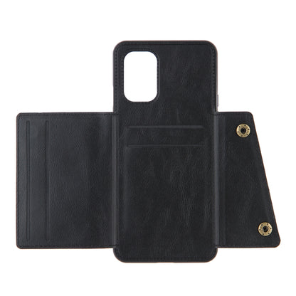 Black magnetic wallet phone case open, showing card slots and holder flap