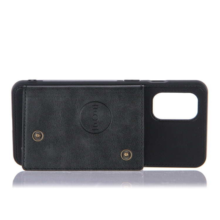 Black flip wallet phone case with card holder section and cutout for camera