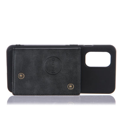 Black flip wallet phone case with card holder section and cutout for camera