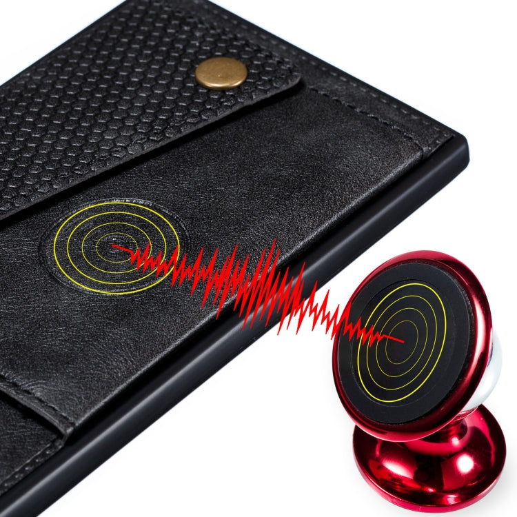 Black PU wallet phone case texture detail with magnetic holder close-up