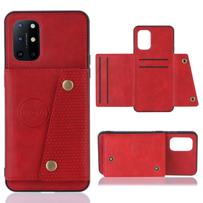 Red magnetic wallet phone case with card slots, snap closure, and camera cutout