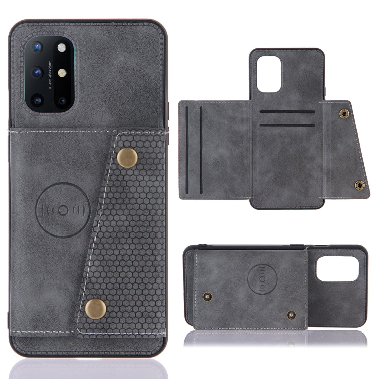 Grey magnetic wallet phone case with card slots and snap closure