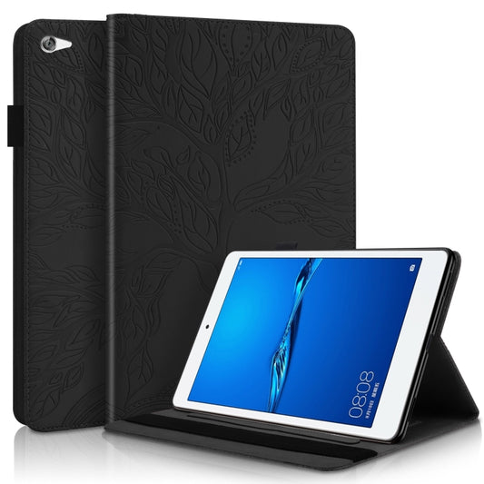 Black horizontal flip leather-style tablet case with leaf pattern, fold stand, card slots.