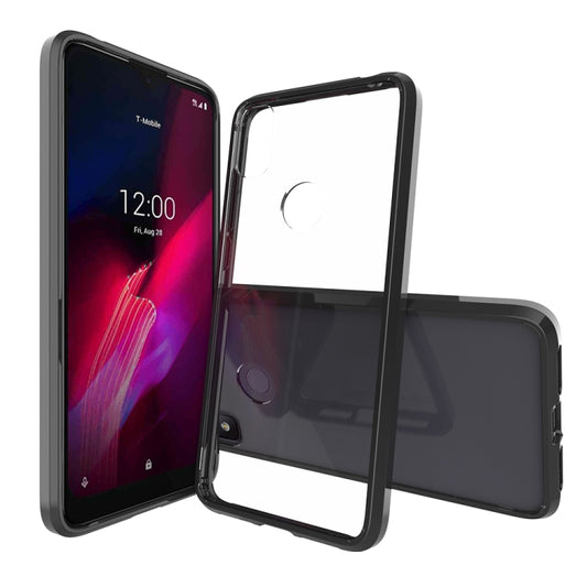 Black protective phone case with clear front cover and raised edges for screen protection