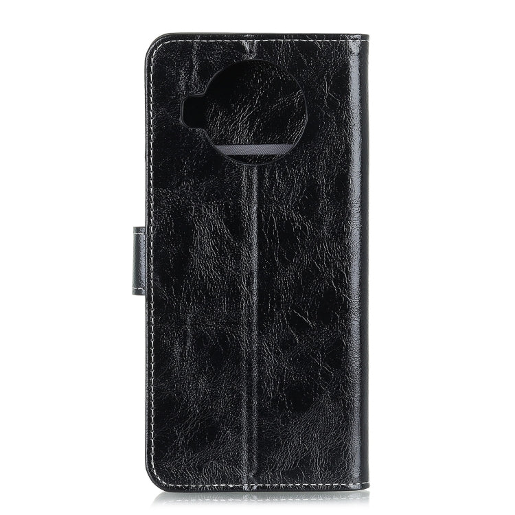 Black textured leather flip phone case with circular camera/cover cutout