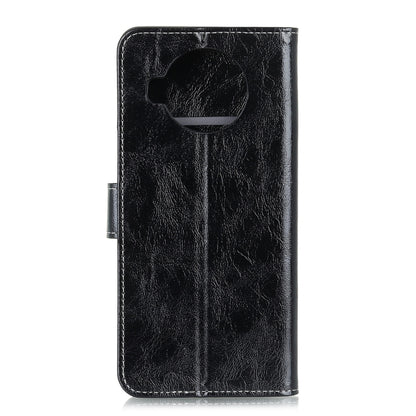 Black textured leather flip phone case with circular camera/cover cutout