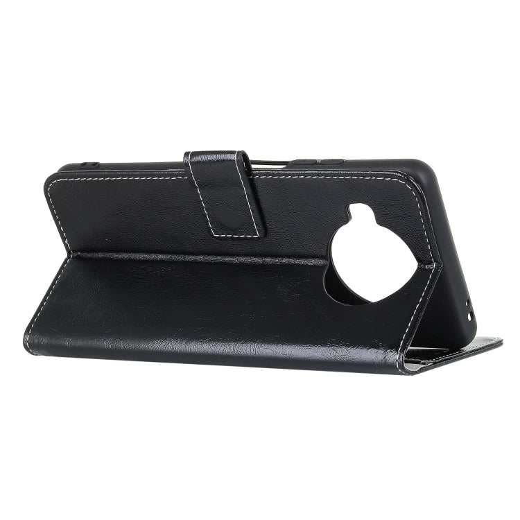 Black textured leather flip phone case with horizontal viewing stand and thumb latch