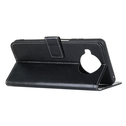 Black textured leather flip phone case with horizontal viewing stand and thumb latch
