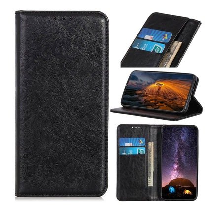 Black magnetic flip leather phone case with card slots and horizontal stand view