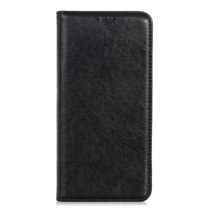 Black leather flip phone case with embossed crazy horse texture and cutout openings